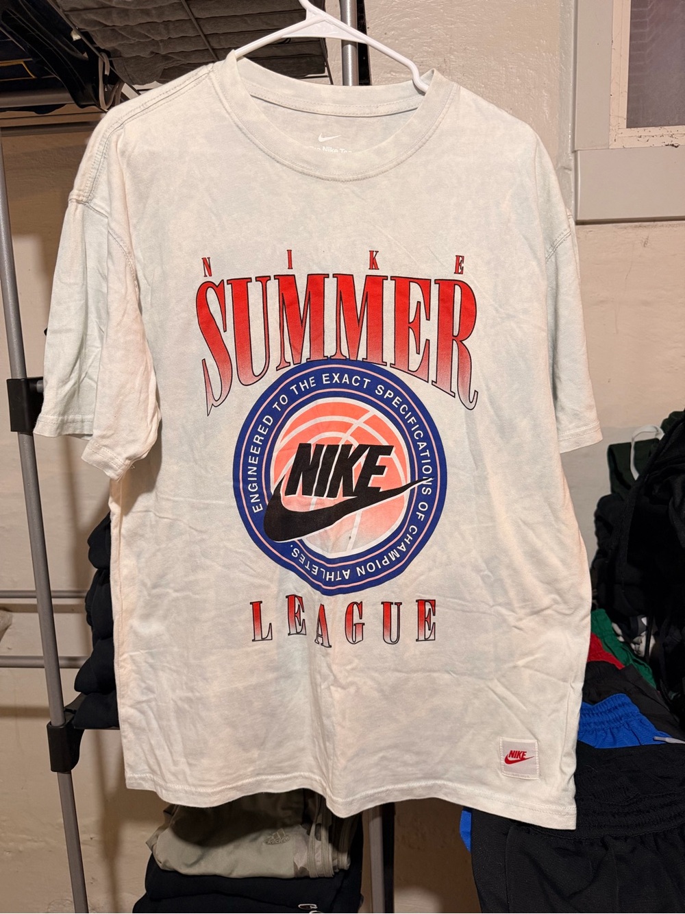 Nike White Short Sleeve 'Summer League' Graphic Tee with Red & Blue Logo